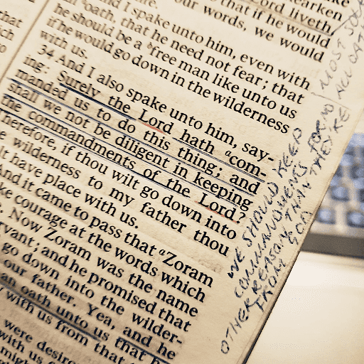 Verses underlined in blue, hand-written note: WE SHOULD KEEP COMMANDMENTS FOR NO OTHER REASON THAN THEY'RE FROM GOD
